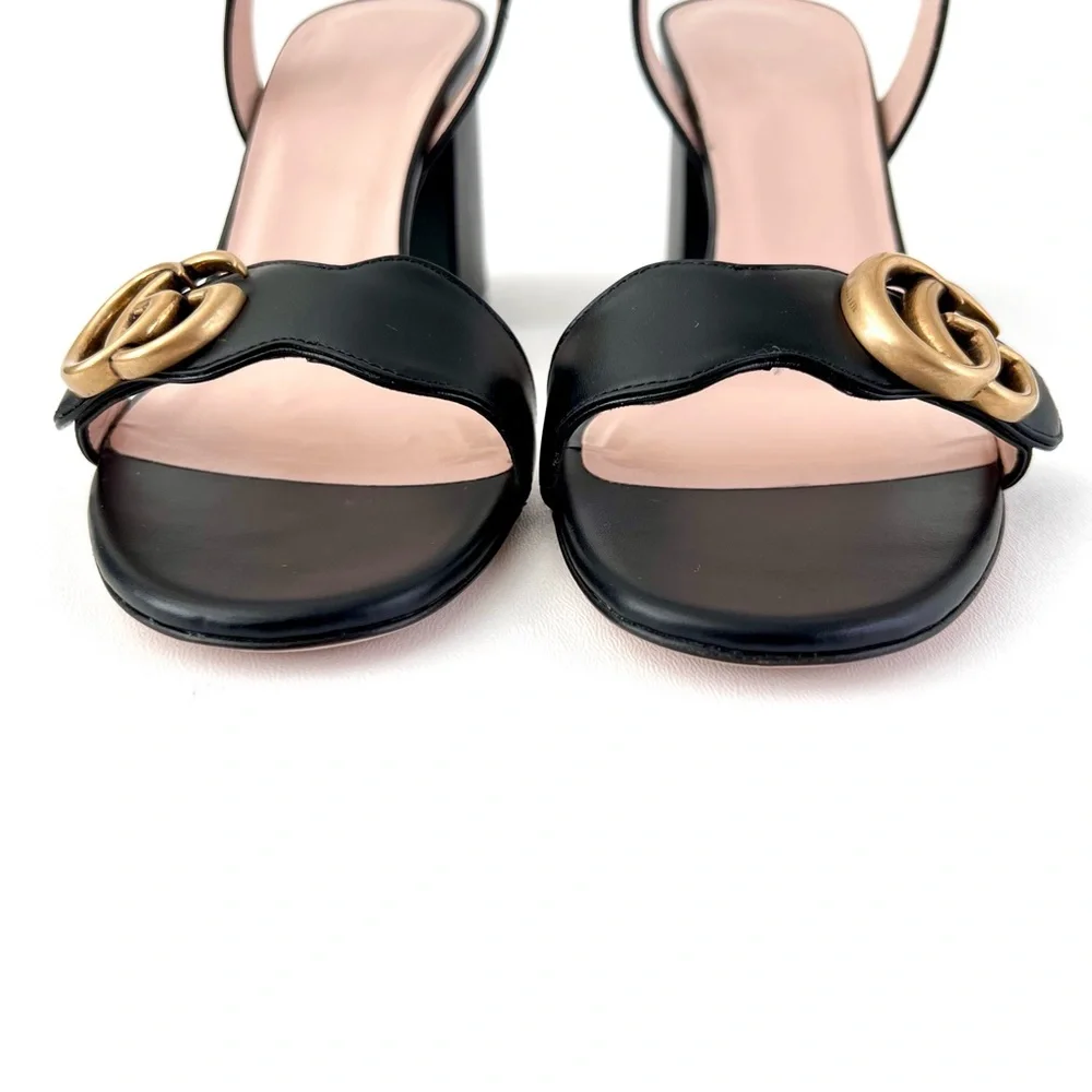 GUCCI | Marmont Double GG Black Leather Mid Heel Block Sandal EU 37.5 US 7.5 - Picture 5 of 14